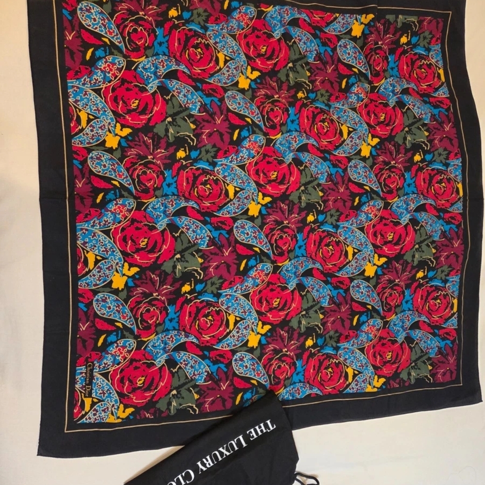 Floral Silk Scarf with Red and Blue Accents